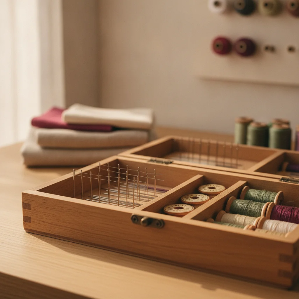Boîte de rangement en bois contenant divers petits accessoires et outils de mercerie