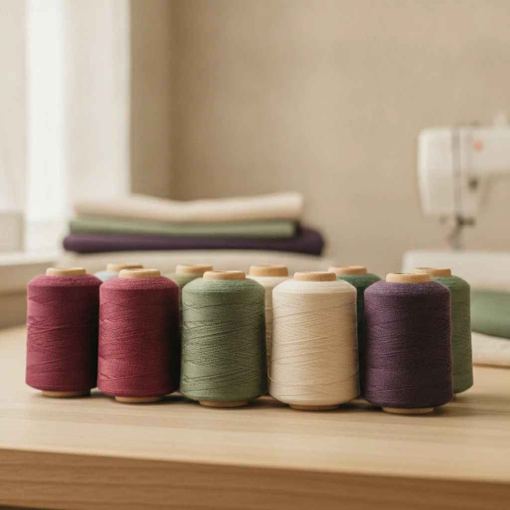 Composition de bobines de fil colorées rangées sur un établi en bois clair